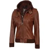 Cognac Brown Leather Bomber Jacket Women with Removable Hood by Jacket Field