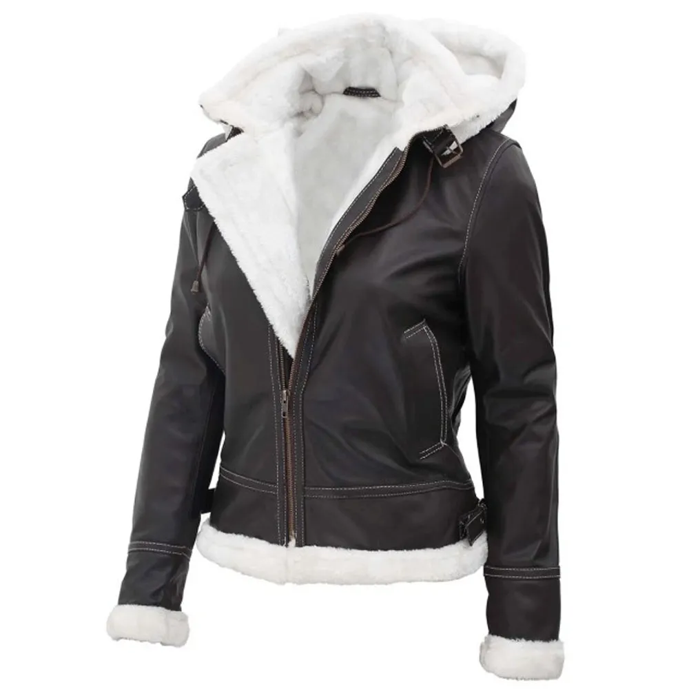 Brown Fur Lined Leather Bomber Jacket Women with Removable Hood by Jacket Field