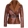 Womens Brown Asymmetrical Sherpa Leather Shearling Jacket by Jacket Field