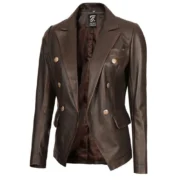 Womens Double-Breasted Rub Off Brown Leather Jacket by Jacket Field