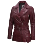 Womens Asymmetrical Biker Maroon Leather Jacket by Jacket field