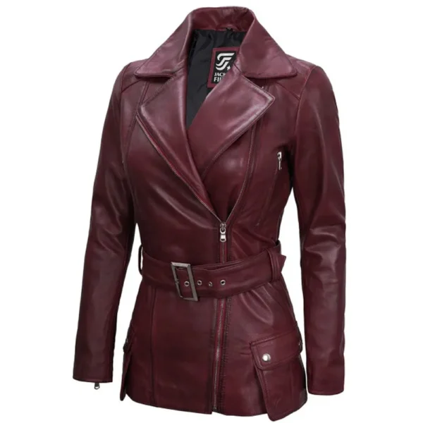 Womens Asymmetrical Biker Maroon Leather Jacket by Jacket field
