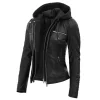 Women's Moto Black Leather Jacket with Removable Hood By Jacket Field