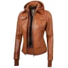Tan Wax Leather Bomber Jacket Women with Detachable Hood by Jacket Field