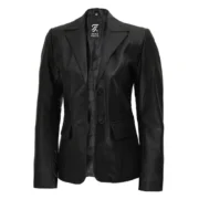 Women’s Two-Button Black Leather Jacket Blazer By Jacket Field