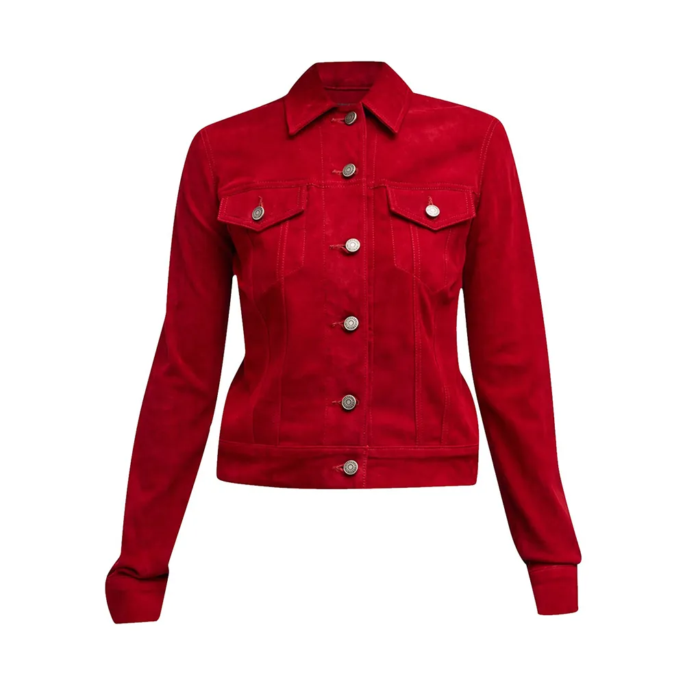 Womens Trucker Suede Red Leather Jacket by Jacket Field