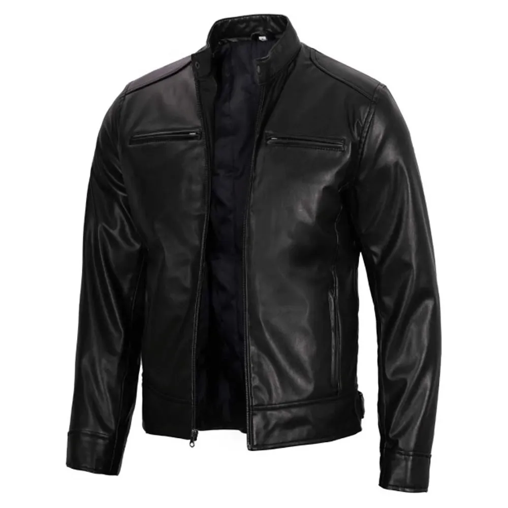 Mens Cafe Racer Vegan Black Leather Jacket by Jacket Field