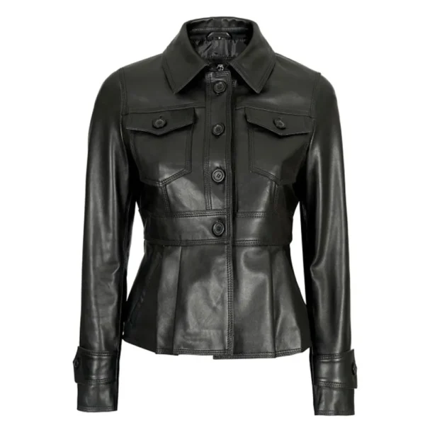 Gladys Women’s Short Body Peplum Black Leather Jacket By Jacket Field