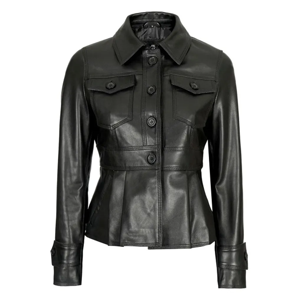 Gladys Women’s Short Body Peplum Black Leather Jacket By Jacket Field