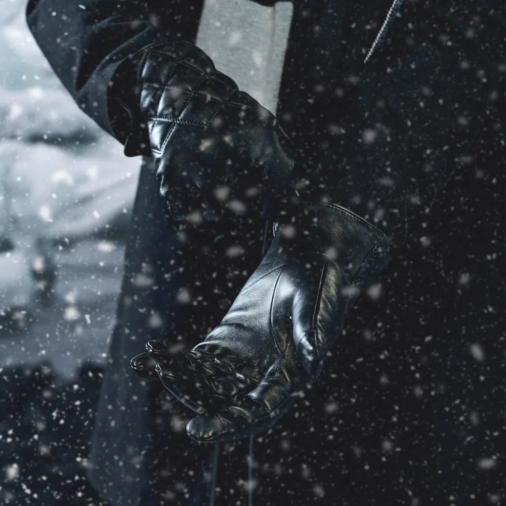 Mens Black Quilted Touchscreen Leather Gloves by Jacket Field