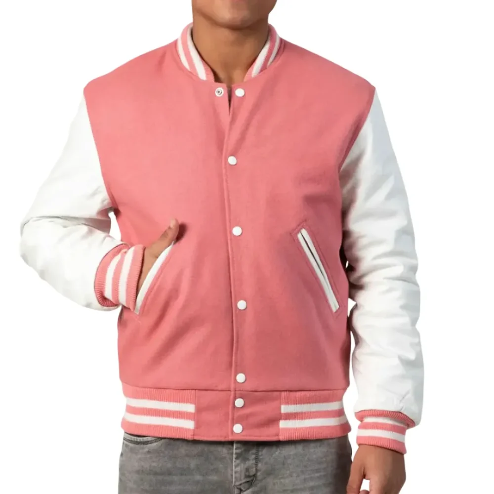 Mens Pink & White Leather Sleeves Clothing Varsity Jacket by Jacket Field