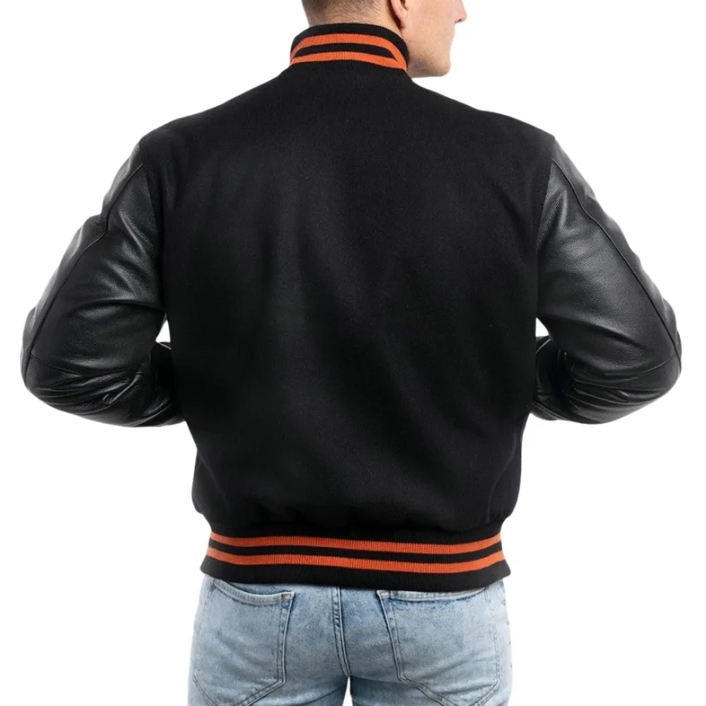 Mens Black Wool & Leather Varsity Jacket with Orange Stripes by Jacket Field