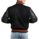 Mens Black Wool & Leather Varsity Jacket with Orange Stripes by Jacket Field