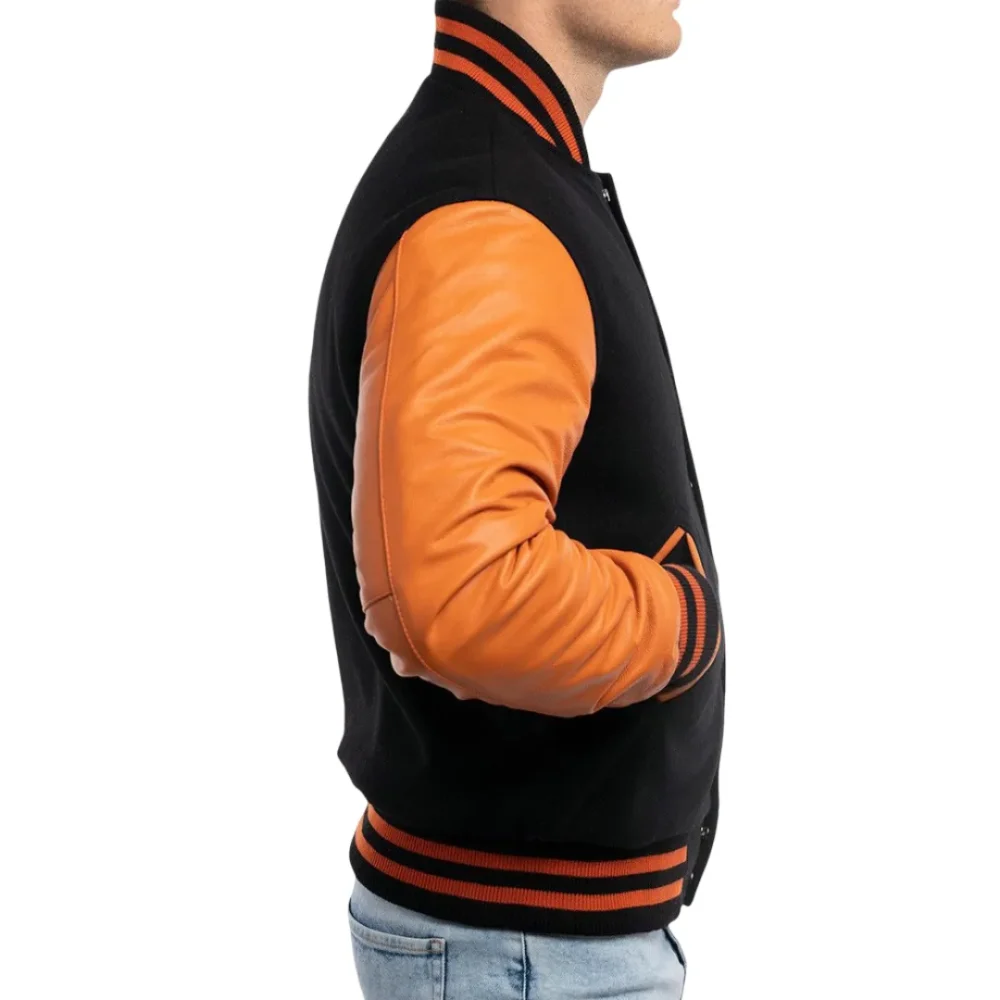 Mens Black Body & Orange Sleeves Clothing Varsity Jacket by Jacket Field