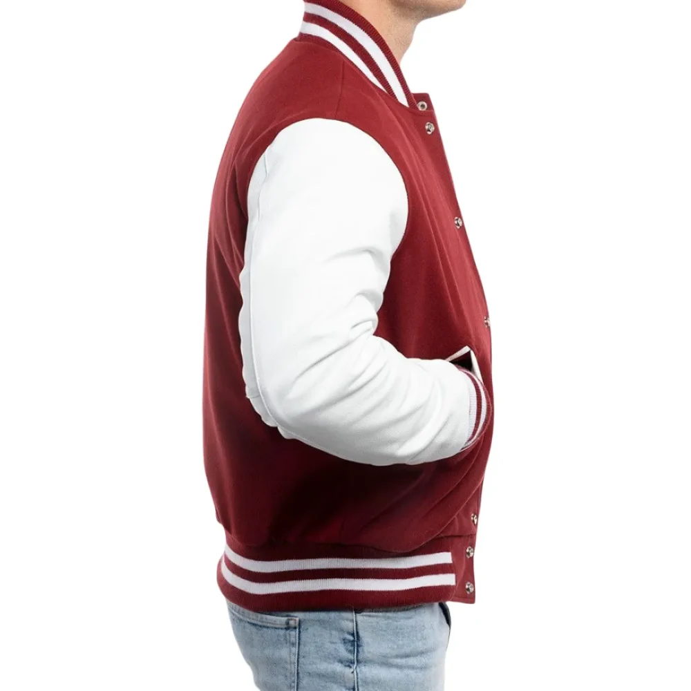 Mens Cardinal Red & White Leather Sleeves Clothing Varsity Jacket by Jacket Field