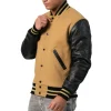 Mens Camel & Black Leather Sleeves Varsity Jacket by Jacket Field