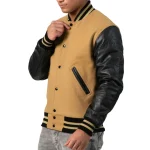 Mens Camel & Black Leather Sleeves Varsity Jacket by Jacket Field