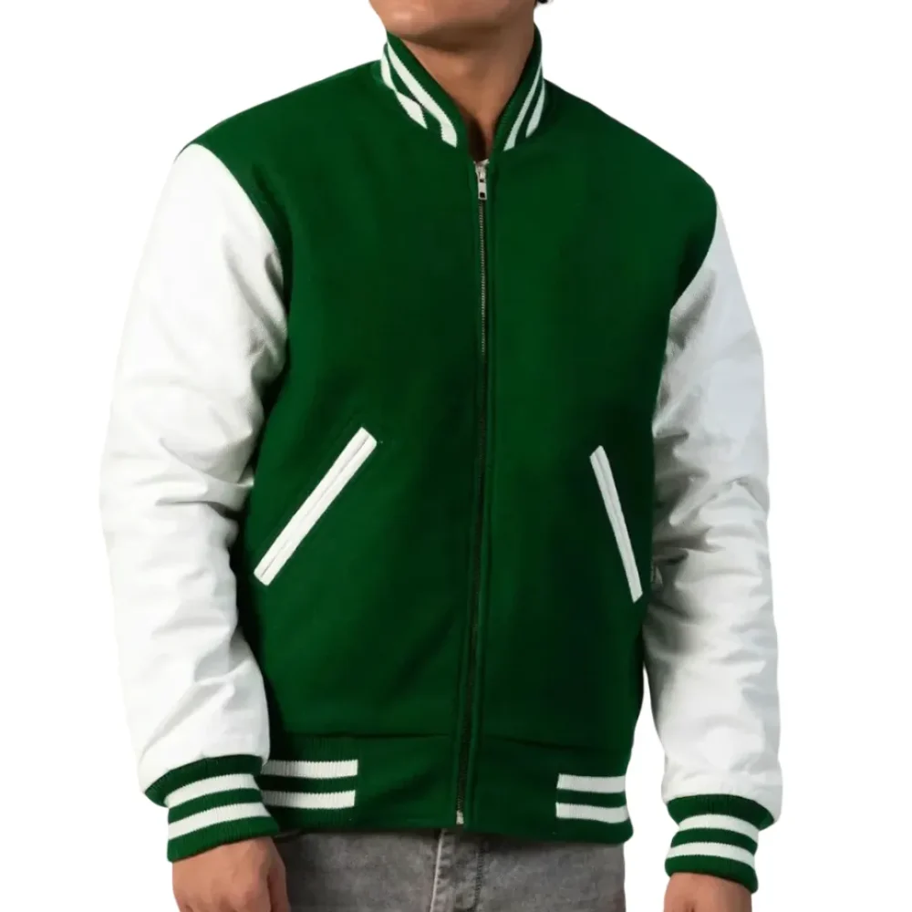 Mens Kelly Green & White Clothing Varsity Jacket by Jacket Field