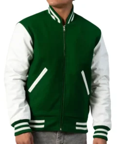 Mens Kelly Green & White Clothing Varsity Jacket by Jacket Field