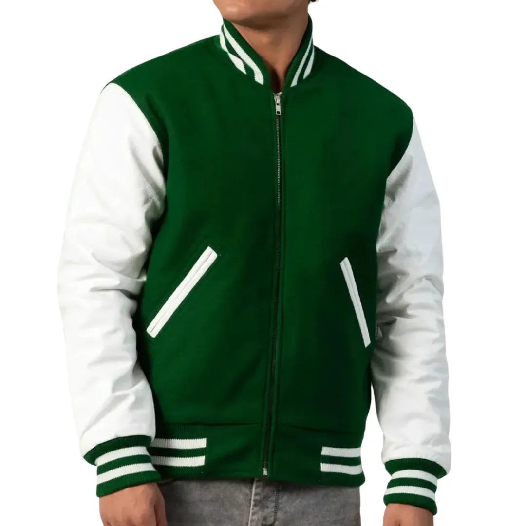 Mens Kelly Green & White Clothing Varsity Jacket by Jacket Field