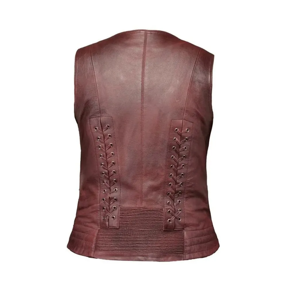 Womens Amy Maroon Motorcycle Leather Vest by Jacket Field