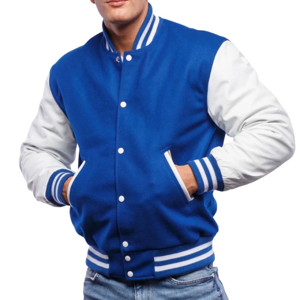 Men's Royal Blue Wool & White Genuine Leather Varsity Letterman - Blue Jacket By Jacket Field