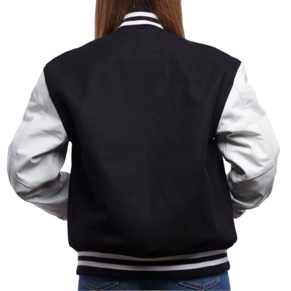 Womens Black Wool Body & Bright Leather Sleeves Clothing Varsity Jacket by Jacket Field