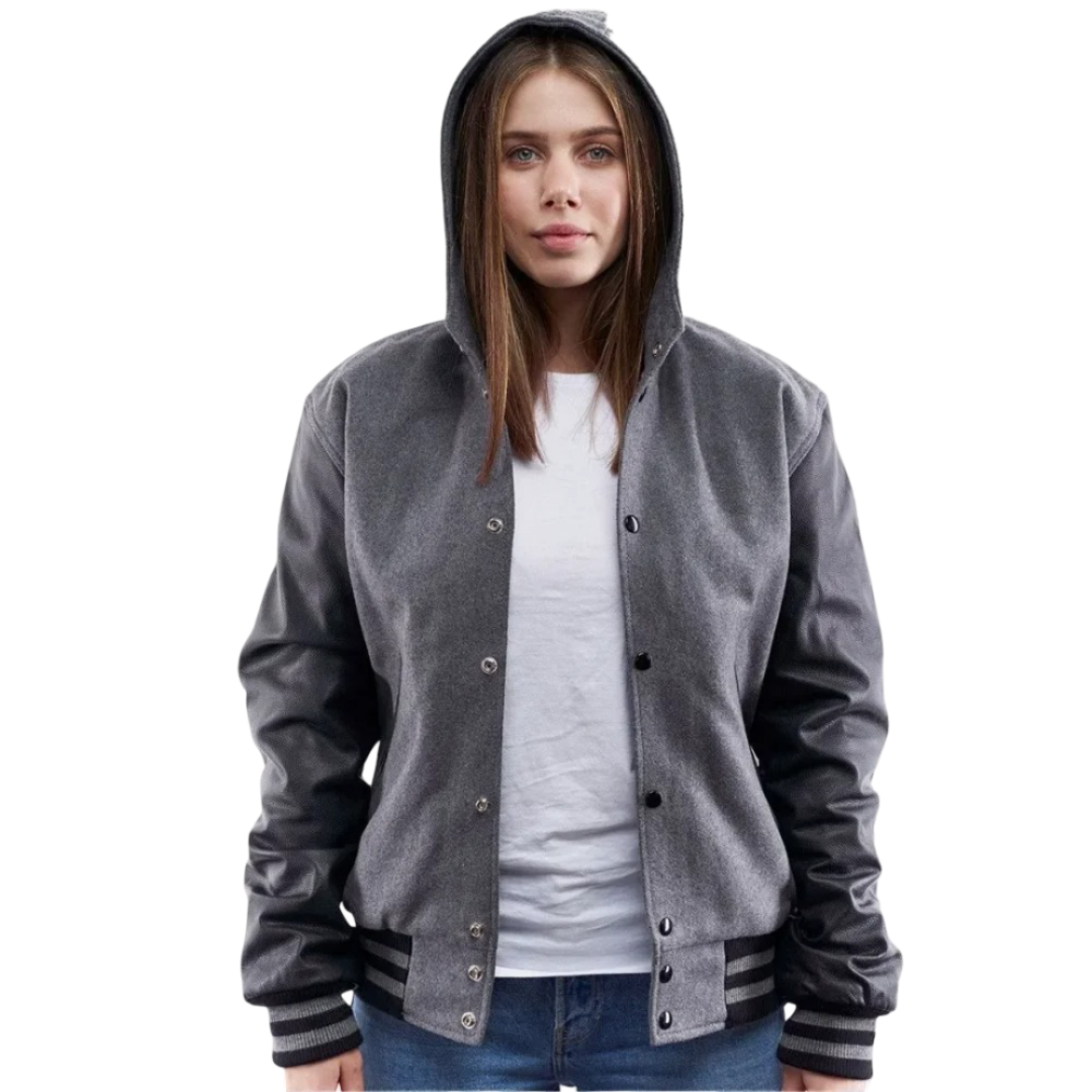 Womens Light Oxford Wool & Black Clothing Varsity Jacket with Hood by Jacket Field