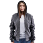 Womens Light Oxford Wool & Black Clothing Varsity Jacket with Hood by Jacket Field