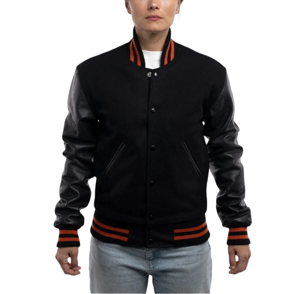 Womens Black Clothing Varsity Jacket with Orange Stripes by Jacket Field