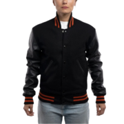 Womens Black Clothing Varsity Jacket with Orange Stripes by Jacket Field