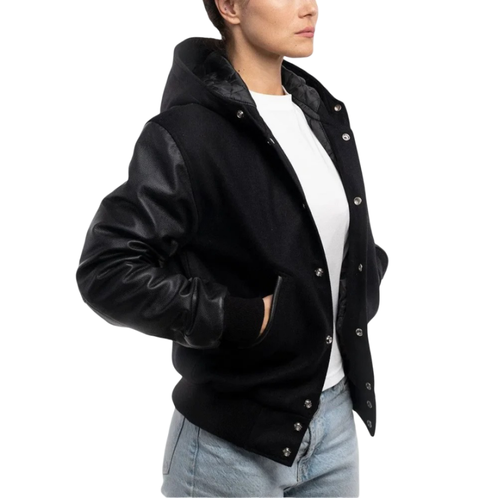 Womens Black Wool Body & Black Sleeves Clothing Varsity Jacket by Jacket Field