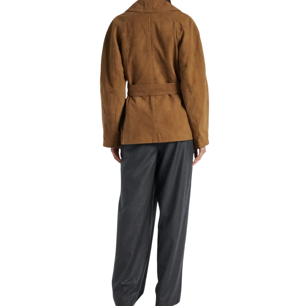 Womens Light Kaki Leather Double-Breasted Suede Jacket
