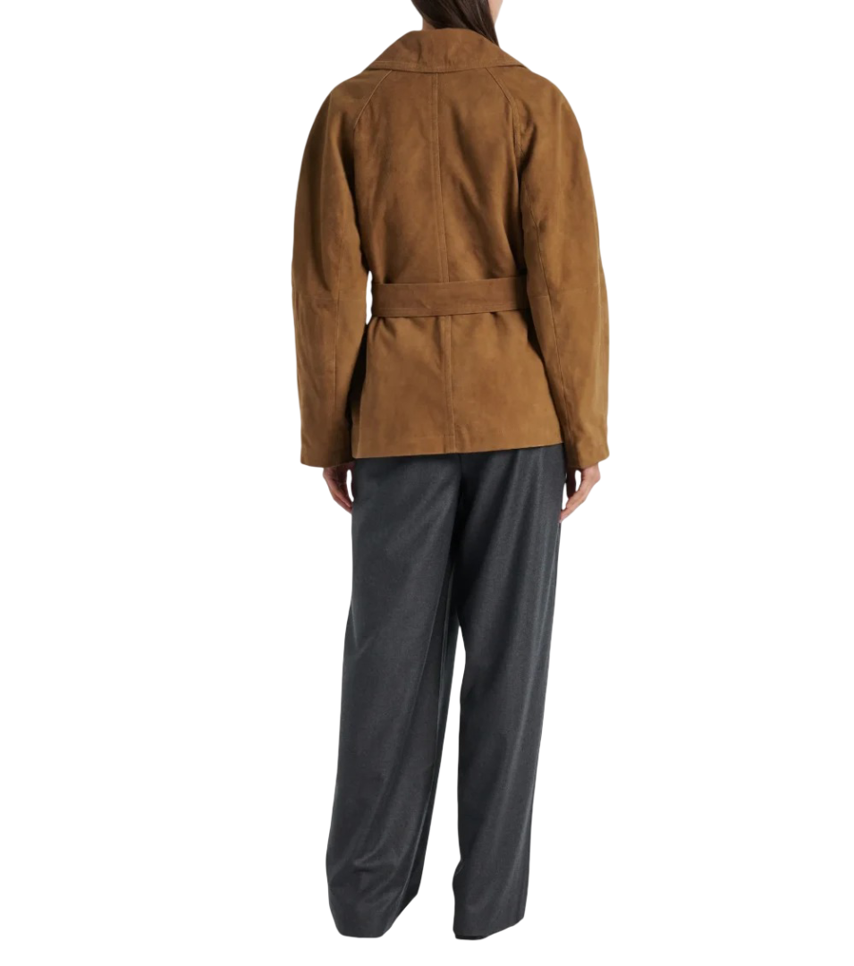 Womens Light Kaki Leather Double-Breasted Suede Jacket