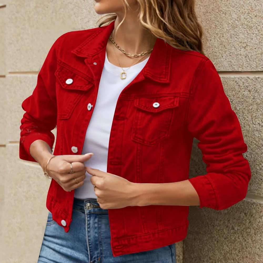 Womens Classic Red Denim Jacket by Jacket Field