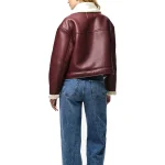 Womens Maroon Leather Jacket with Shearling Collar & Lining by Jacket Field