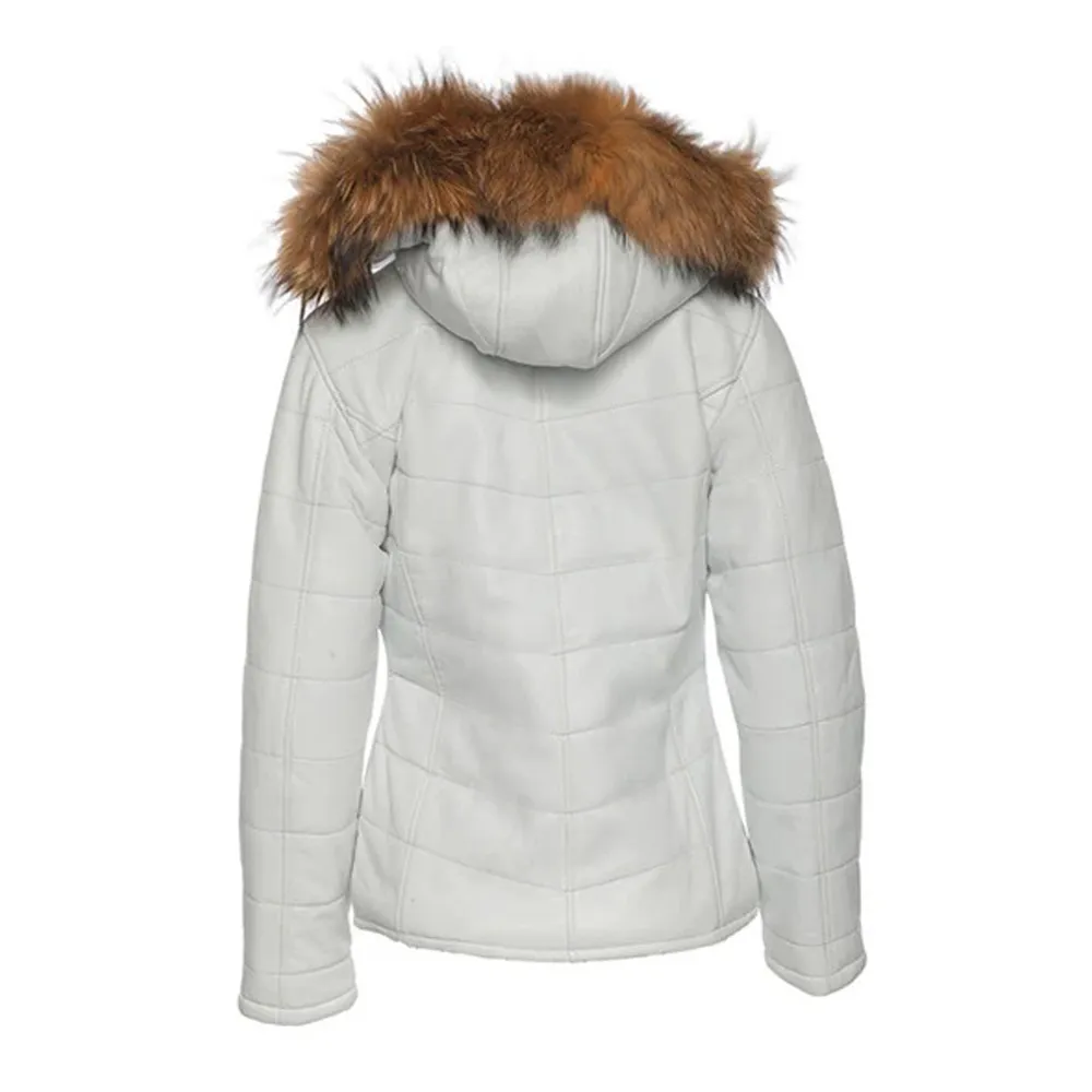 Women’s Puffer with Hood White Leather Jacket By Jacket Field