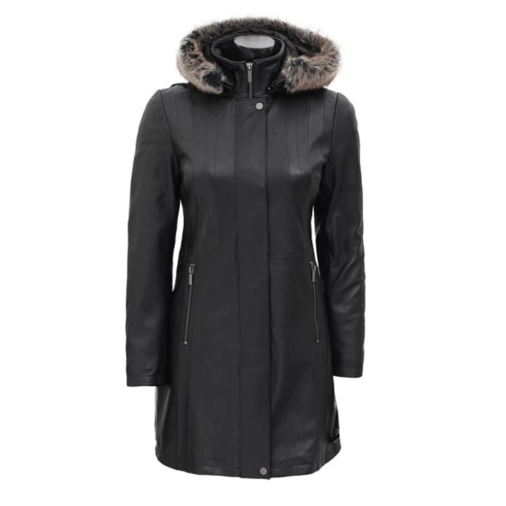 Black Shearling Coat Womens with Fur Hood by Jacket Field