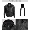 Mens Black Leather Bomber Jacket with Hood by Jacket Field