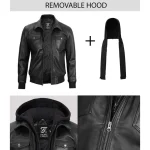 Mens Black Leather Bomber Jacket with Hood by Jacket Field