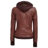 Dark Brown Leather Bomber Jacket Women with Removable Hood by Jacket Field