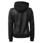 Black Leather Bomber Jacket Women with Removable Hood by Jacket Field