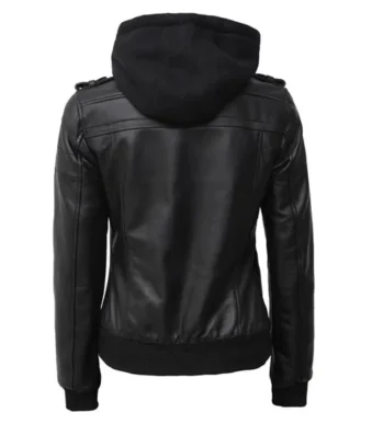 Black Leather Bomber Jacket Women with Removable Hood by Jacket Field