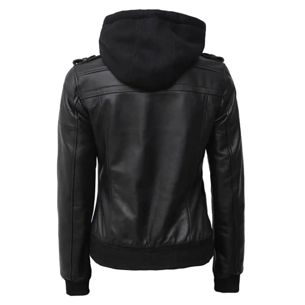 Black Leather Bomber Jacket Women with Removable Hood by Jacket Field