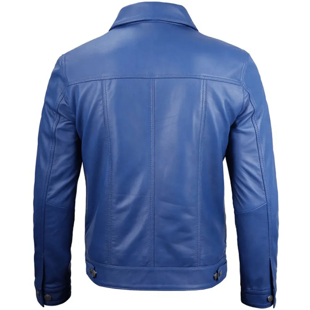 Men's Fernando Leather Trucker Blue Jacket by Jacket Field