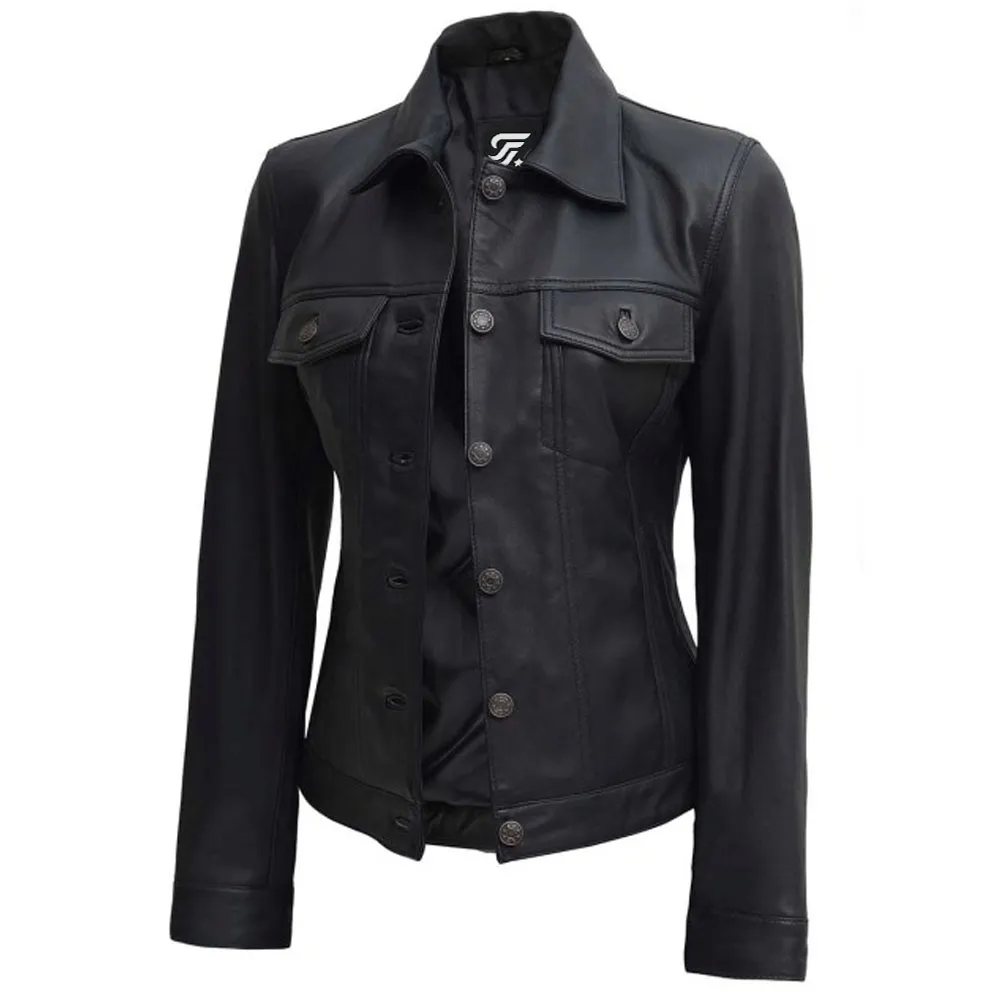 Fernando Women’s Vegan Trucker Black Leather Jacket By Jacket Field