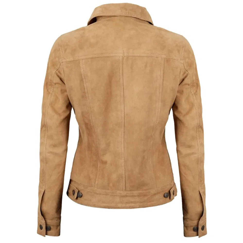 Womens Light Tan Trucker Leather Suede Jacket by Jacket Field