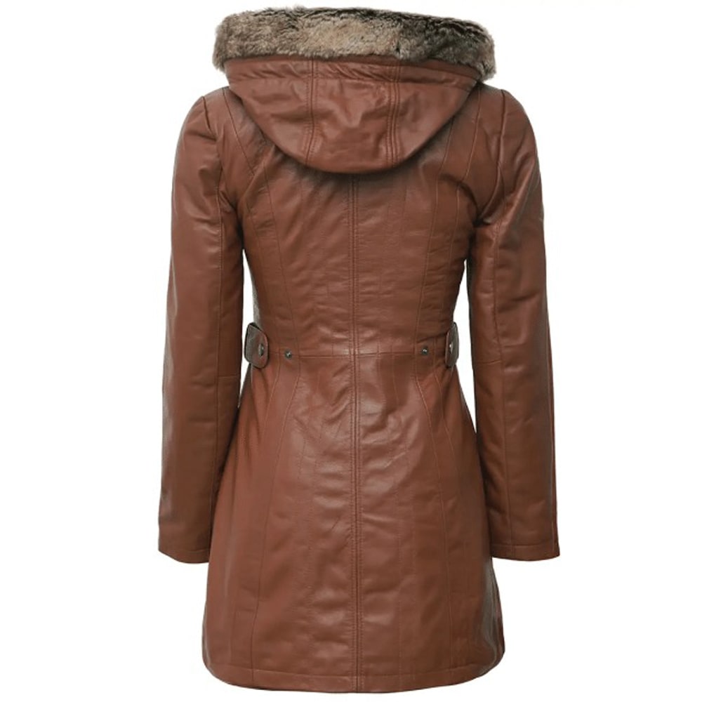 Womens Brown Leather Shearling Coat with Hooded by Jacket Field