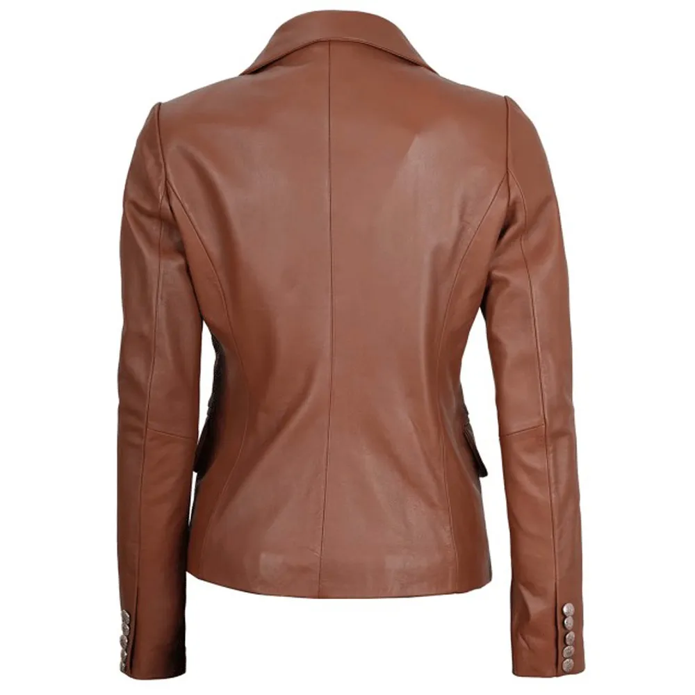 Kinley Womens Double Breasted Brown Leather Jacket by Jacket Field