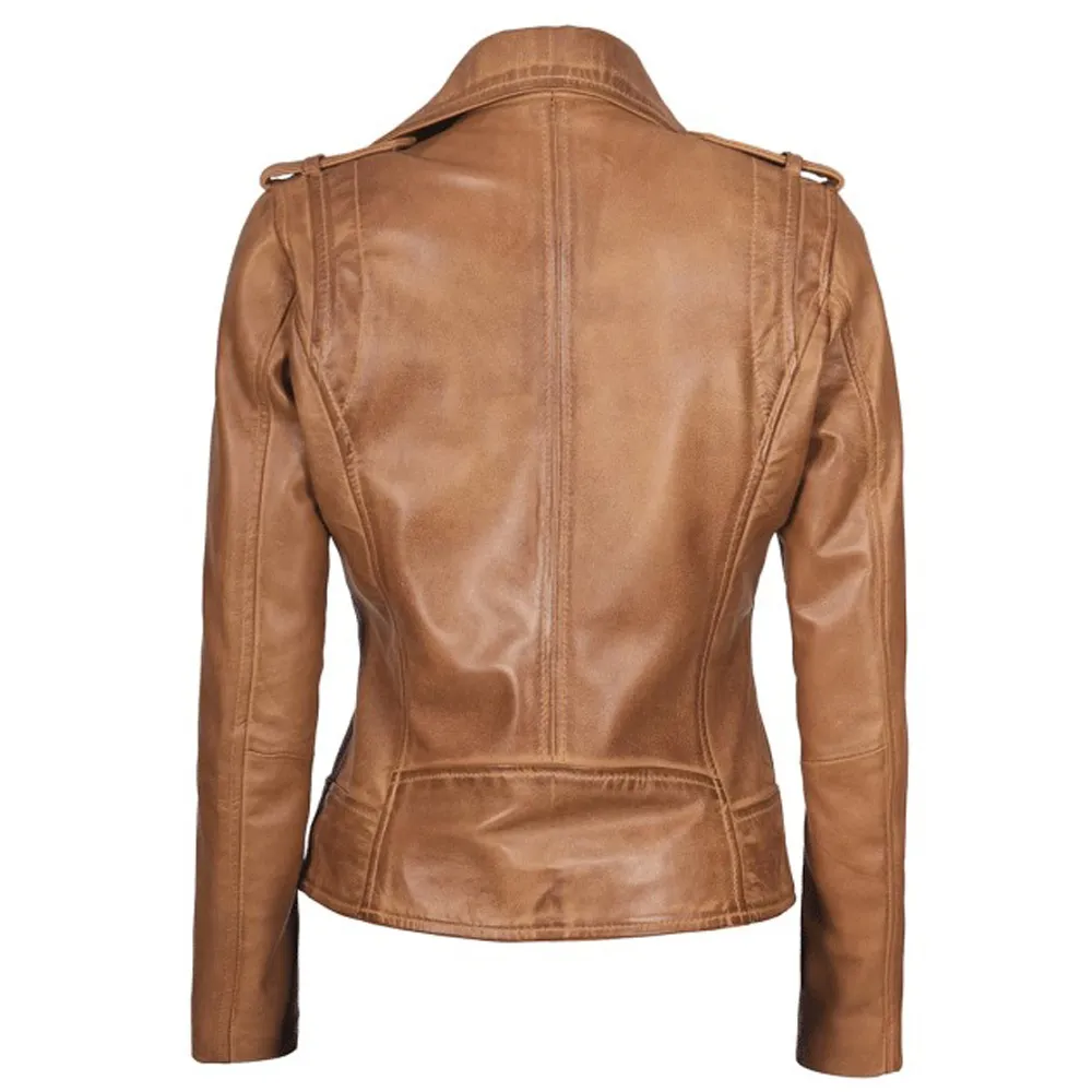 Kirsten Womens Asymmetrical Camel Brown Leather Jacket by Jacket Field